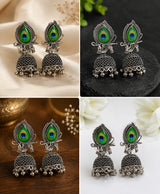 Peacock Feather Oxidized Silver Jhumka Earrings