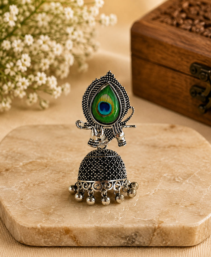 Peacock Feather Oxidized Silver Jhumka Earrings