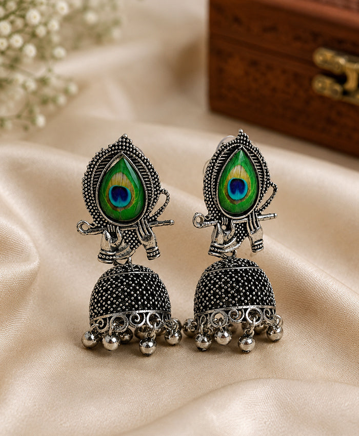 Peacock Feather Oxidized Silver Jhumka Earrings