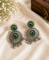 Peacock Feather Oxidized Silver Statement Earrings
