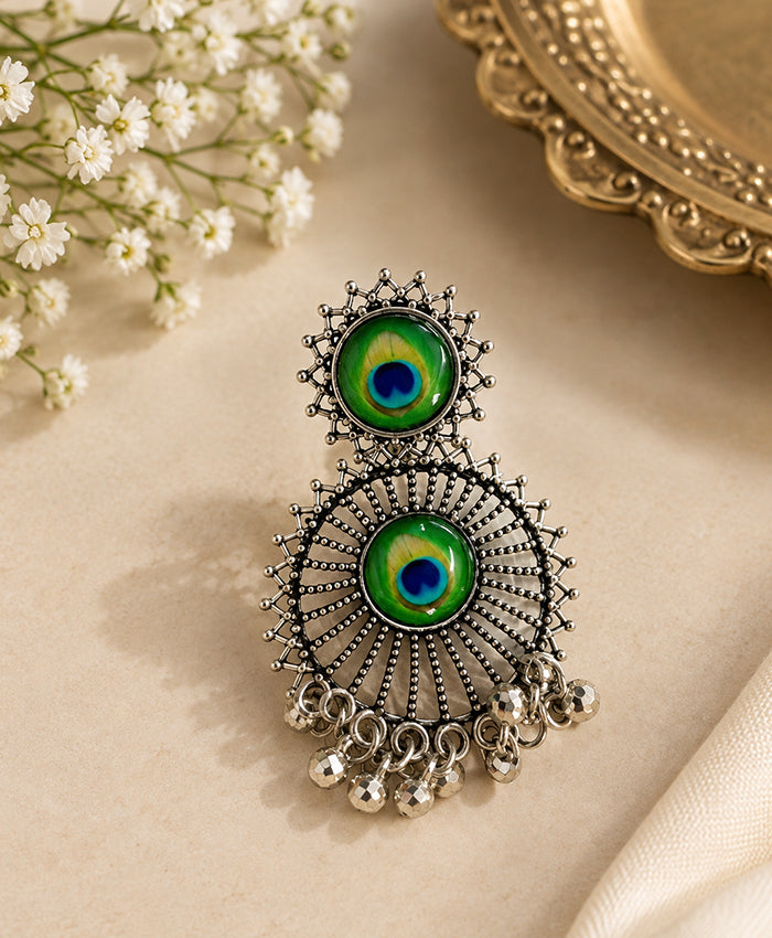 Peacock Feather Oxidized Silver Statement Earrings