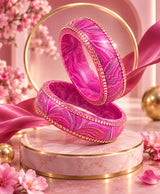 Pink Marbled Crystal-Edge Lac Bangle Set