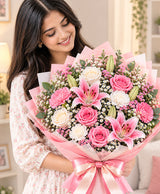 Pink & White Mixed Flower Bouquet – 12 Flowers