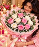 Pink & White Rose Bouquet – 6 Pink + 6 White Roses