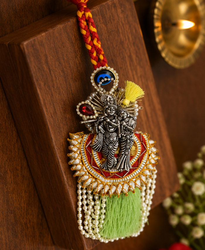 Premium Radha Krishna Designer Lumba Rakhi with Green Tassel