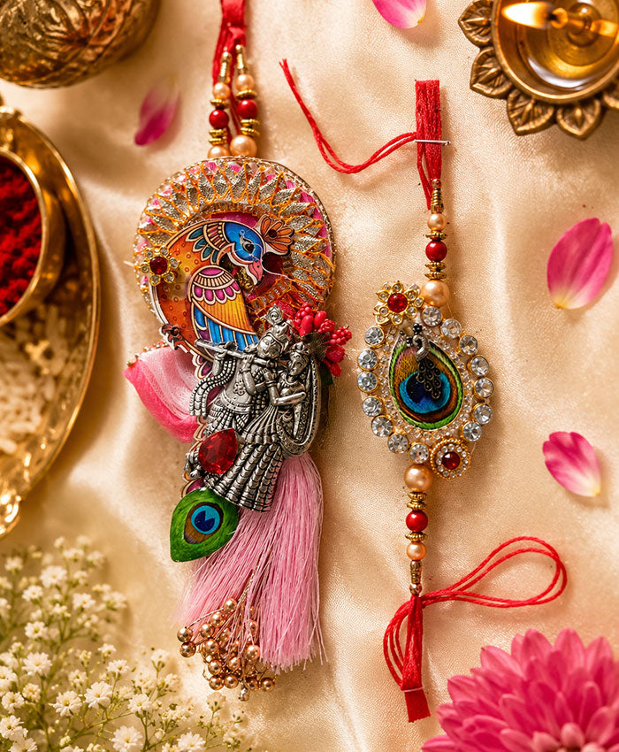 Premium Radha Krishna Peacock Rakhi Set