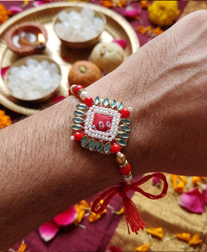 Red Meenakari Pearl Designer Rakhi