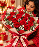 Red Rose & Baby's Breath Bouquet – 12 Red Roses