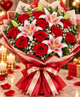 Romantic Rose & Lily Arrangement – 12 Roses + 3 Lilies