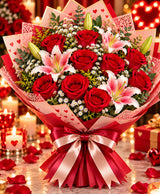 Romantic Rose & Lily Arrangement – 12 Roses + 3 Lilies
