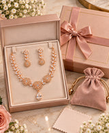 Gold Tone Necklace Featuring Floral Stone & Earrings Set
