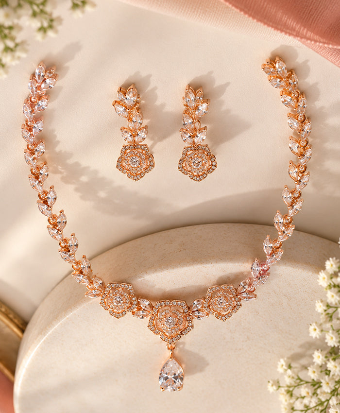Gold Tone Necklace Featuring Floral Stone & Earrings Set