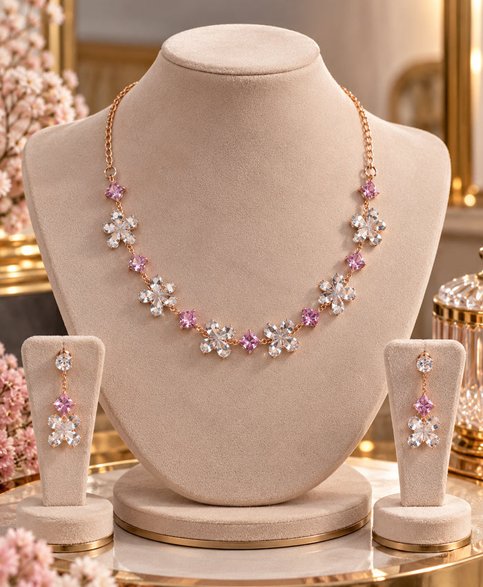 Rose Gold Pink & Clear Crystal Floral Necklace and Earrings Set