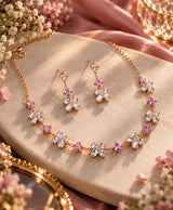 Rose Gold Pink & Clear Crystal Floral Necklace and Earrings Set