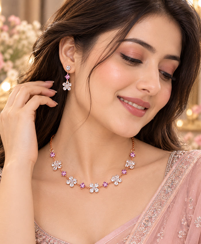 Rose Gold Pink & Clear Crystal Floral Necklace and Earrings Set