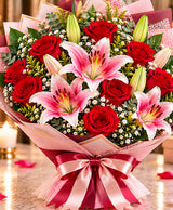 Rose & Lily Bouquet – 8 Roses + 3 Lilies