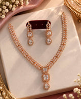 Rose Gold Crystal Leaf-Design Necklace & Earrings Set