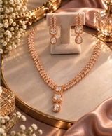 Rose Gold Crystal Leaf-Design Necklace & Earrings Set