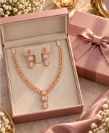 Rose Gold Crystal Leaf-Design Necklace & Earrings Set