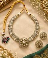 Royal Green Kundan Statement Necklace Set with Matching Earrings