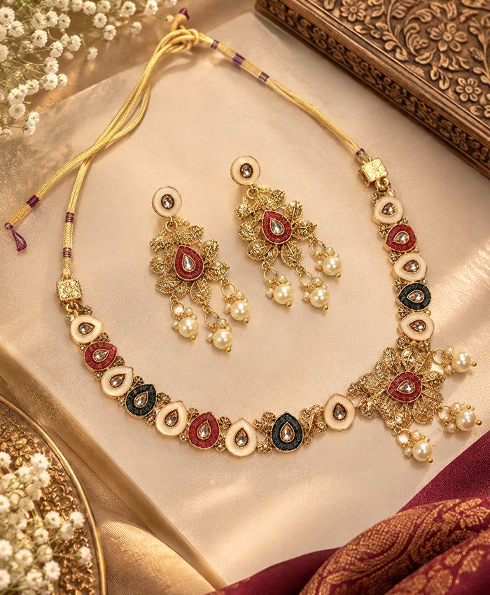 Royal Kundan-Inspired Dori Necklace Set with Matching Pearl Drop Earrings