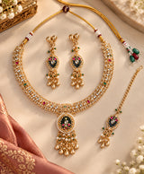 Royal Kundan-Inspired Gold-Tone Necklace Set with Matching Earrings & Maang Tikka