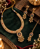 Royal Kundan-Inspired Gold-Tone Necklace Set with Matching Earrings & Maang Tikka