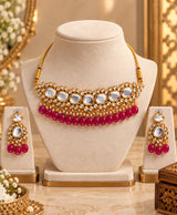 Royal Kundan-Inspired Gold & Ruby Bead Bridal Necklace Set
