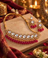 Royal Kundan-Inspired Gold & Ruby Bead Bridal Necklace Set