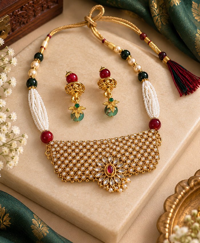 Royal Kundan Pearl Choker Necklace Set with Green & Ruby Beads