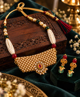 Royal Kundan Pearl Choker Necklace Set with Green & Ruby Beads