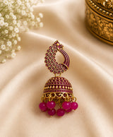 Royal Peacock Jhumka Earrings with Magenta Beaded Drops