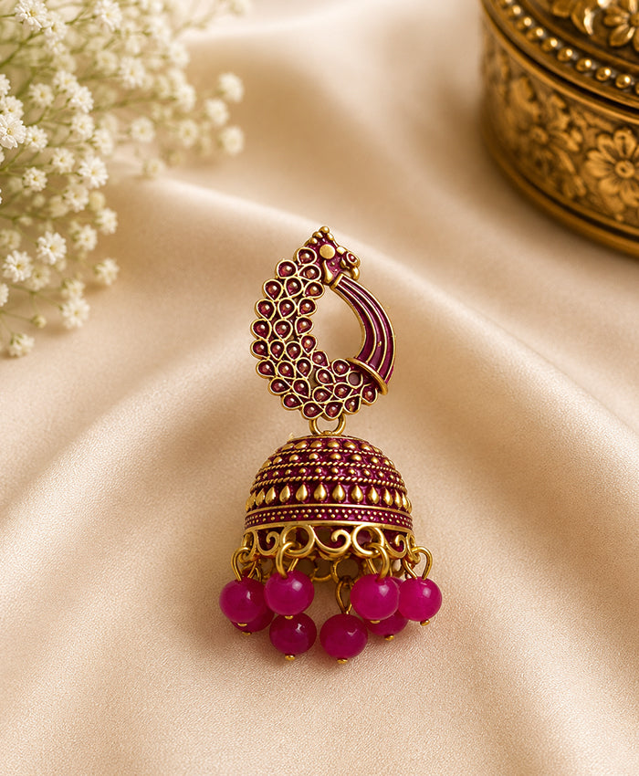 Royal Peacock Jhumka Earrings with Magenta Beaded Drops
