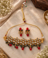 Royal Kundan-Inspired Gold Necklace & Earrings Set with Red and Green Beads