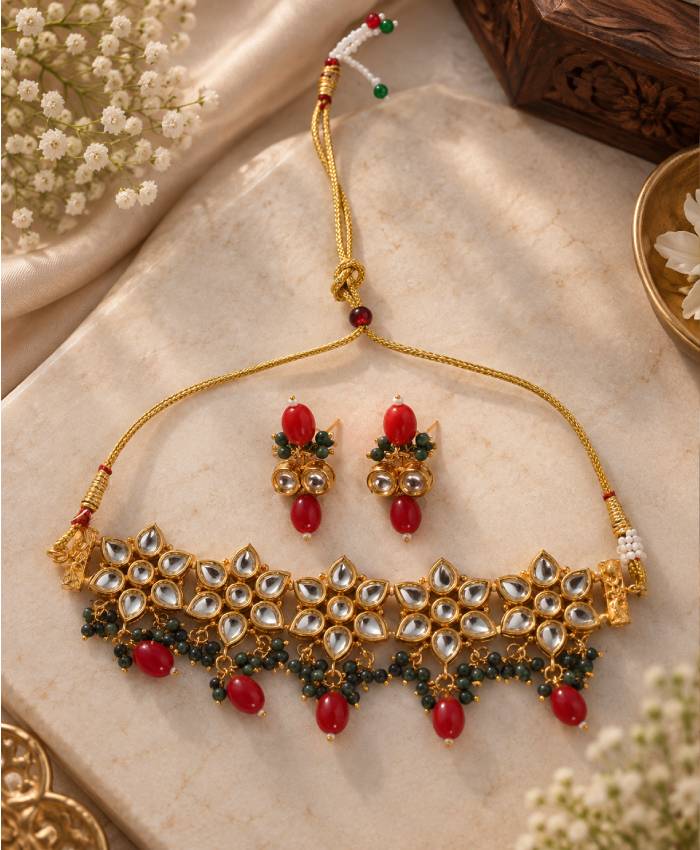 Royal Kundan-Inspired Gold Necklace & Earrings Set with Red and Green Beads