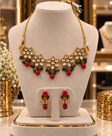 Royal Kundan-Inspired Gold Necklace & Earrings Set with Red and Green Beads