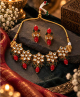 Royal Kundan-Inspired Gold Necklace & Earrings Set with Red and Green Beads