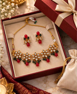 Royal Kundan-Inspired Gold Necklace & Earrings Set with Red and Green Beads