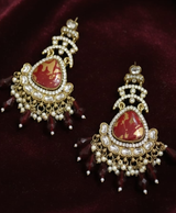 Royal Maroon Stone Kundan Pearl Drop Earrings