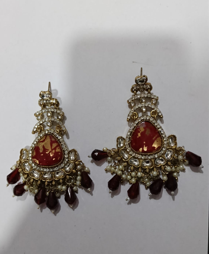 Royal Maroon Stone Kundan Pearl Drop Earrings