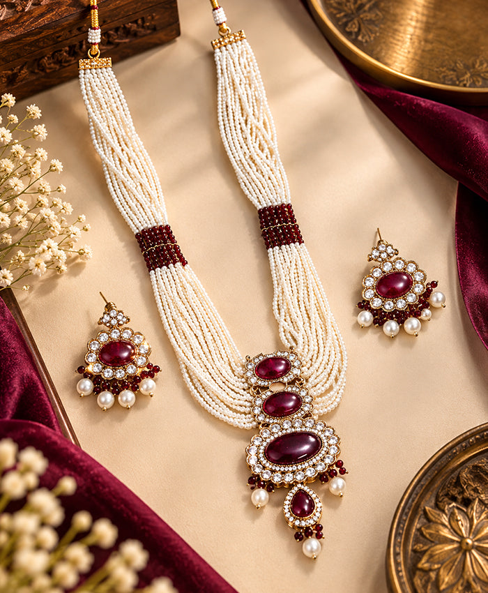 Ruby Red Pearl Multi-Strand Necklace & Earrings Set
