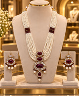 Ruby Red Pearl Multi-Strand Necklace & Earrings Set