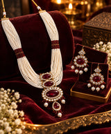 Ruby Red Pearl Multi-Strand Necklace & Earrings Set