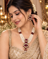 Ruby Red Pearl Multi-Strand Necklace & Earrings Set