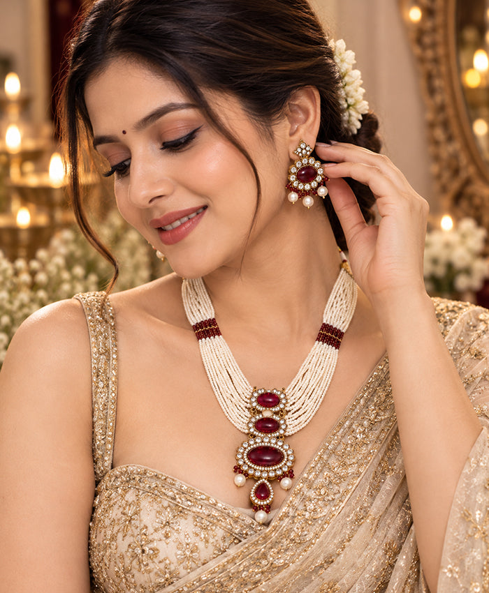 Ruby Red Pearl Multi-Strand Necklace & Earrings Set
