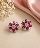 Ruby Red & Clear Crystal Floral Stud Earrings