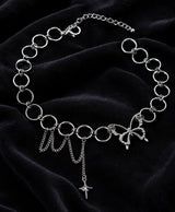 Silver Butterfly Circle-Link Choker Necklace with Dangling Star Charm