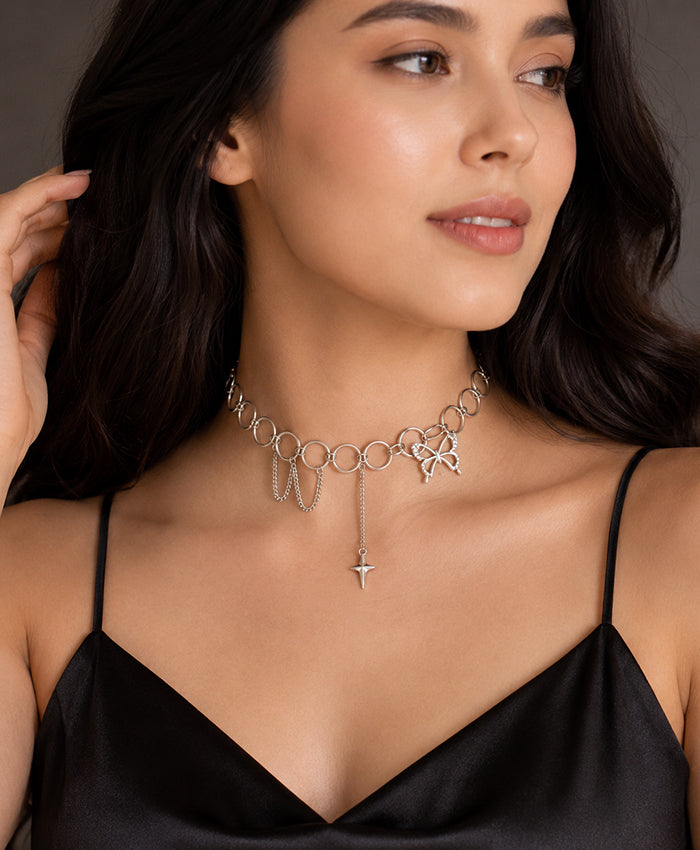 Silver Butterfly Circle-Link Choker Necklace with Dangling Star Charm