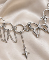 Silver Butterfly Circle-Link Choker Necklace with Dangling Star Charm