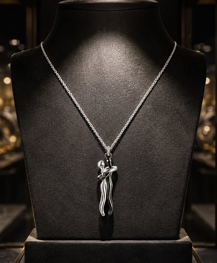 Silver-Tone Couple Embrace Pendant Necklace for Women
